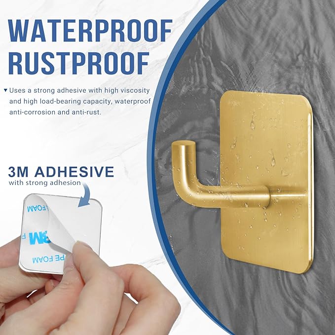 Adhesive Hooks for Bathrooms, 4 Piece Towel Hooks for Hanging Hat Robe Coat, Stick on Hooks for Kitchens, Strong Self-Adhesive No Damage Waterproof Stainless Steel Sticky Hook (Gold)