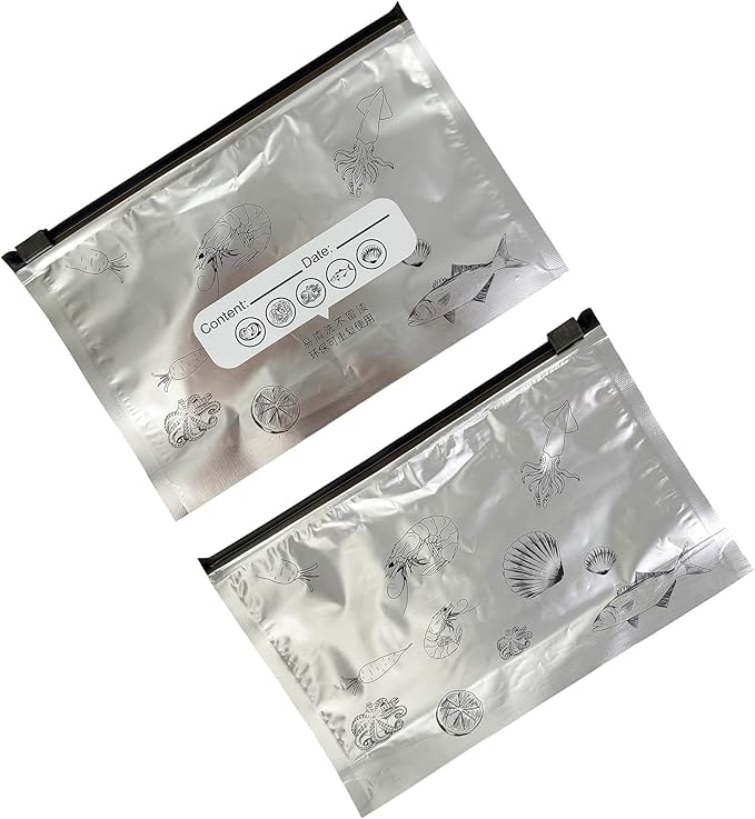 FERENLI 20 pcs 9.1x6.7inch Reusable Aluminum Foil Food Storage Bags with Label Zipper Seal Lock Stand up Freshness Freezer Bags for Meat Fish Vegetables Fruit Seafood Kitchen Organization