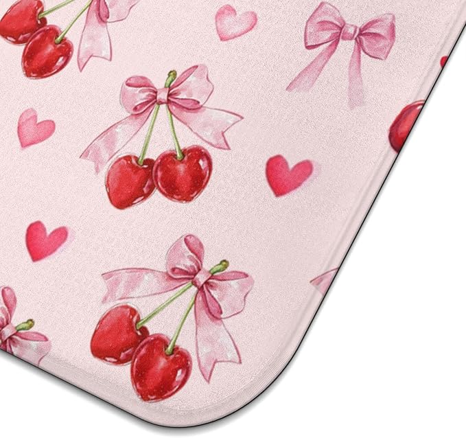 Cherry Dish Drying Mat for Kitchen Counter, Pink Cute Bow Heart Microfiber Drying Mat, Washable Absorbent Kitchen Countertop Dish Draining Mat, 16×18 Inch