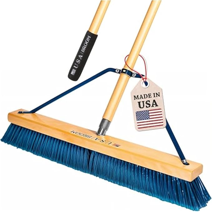 24" Heavy Duty Outdoor Push Broom with 60" Handle. Ideal for Asphalt, Concrete & Heavy Debris. Durable American Made Steel Brackets-Stainless Steel Hardware. No Plastic. 100% USA Made