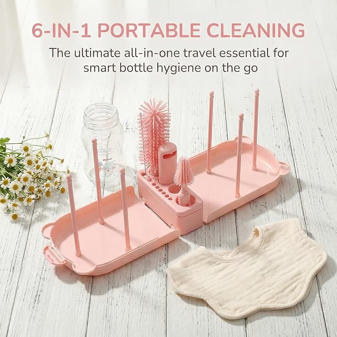6 In1 Baby Bottle Brush Kit,Portable Silicone Bottle Brush Cleaner Set with Straw Brush,Nipple Brush,Drying Rack,Soap Dispenser,Storage Bag for Travel or Home,Stocking Stuffer(Pink)
