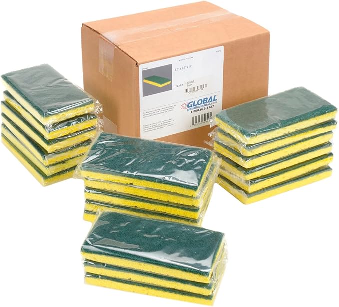 Global Industrial Heavy Duty Scrub Sponge, Yellow/Green, 3.25" x 6.25", Case of 20 Sponges
