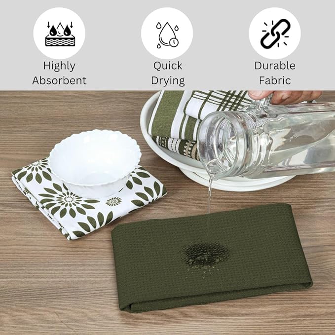 Assorted Kitchen Towels 16x26 Inch 100% Cotton Set of 5 - Dish Cloths Towels with Hanging Loop - Soft Absorbent Washable Tea Towel for Kitchen - Quick Drying Dish Towel Green