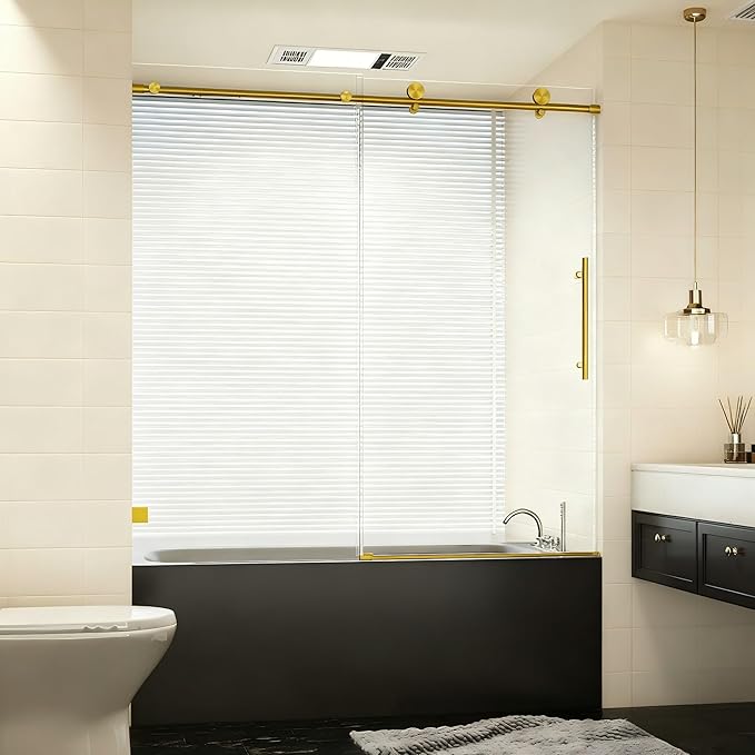 56-60" W x 60" H Bathroom Frameless Tub Sliding Shower Door, Soft-Close Bathtub Single Sliding Shower Doors with 5/16" (8mm) Clear SGCC Tempered Glass, Reversible Installation, Brushed Gold