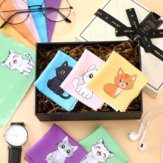 Breling 24 Pack Microfiber Cleaning Cloth Cute Animal Eyeglass Clean Cloths Lens Wipes for Glasses Sunglasses Lens Camera Cell Phone Screens 6" x 6" in(Cat)