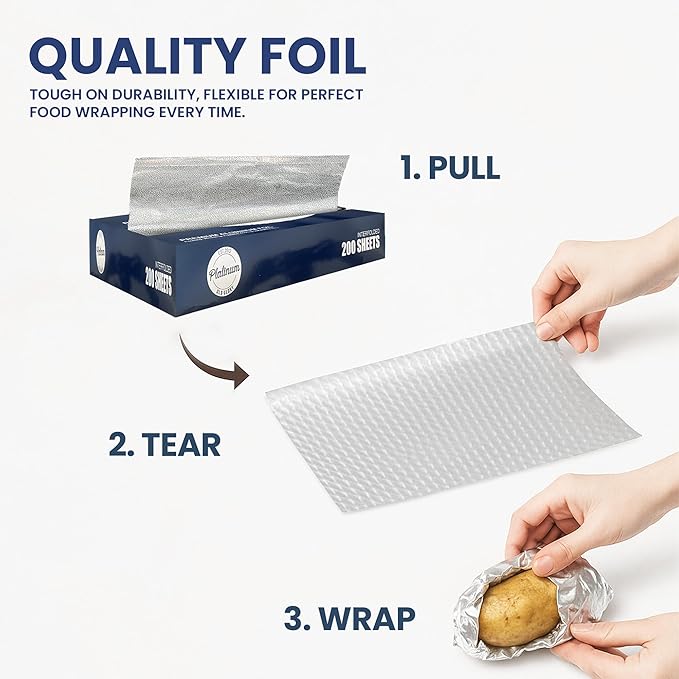 Pre-Cut Aluminum Foil Sheets 12" x 10.7" – Heavy-Duty, Non-Stick, Pop-Up Disposable Sheets for Grilling, Baking, BBQ, Food Storage, and Catering (12X10.7", 400.0, sheet)