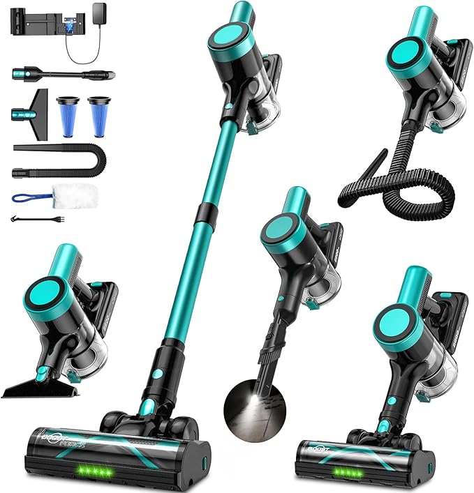 Cordless Vacuum Cleaner, 58Kpa Vacuum Cleaners for Home, 55Mins Stick Vacuum with Self-Standing & LED Display, Anti-Tangle & Wall Mount Charging (Cyan)