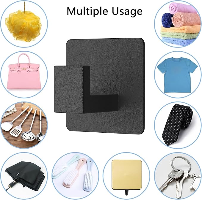 VAEHOLD 6 Pack Adhesive Towel Hooks, Heavy Duty Wall Hooks Aluminum Black Hooks for Hanging Coat, Hat, Towel, Robe, Clothes, Shower Hook for Door, Office, Kitchen, Bathroom (Black)