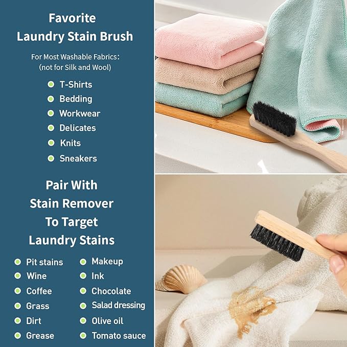 2-Piece Laundry Stain Brush, Laundry Brush for Scrubbing Out Tough Stains on Cloths and Fabrics, Natural Bristles Stain Remover Brush for Safe and Effective Stain and Odor Elimination