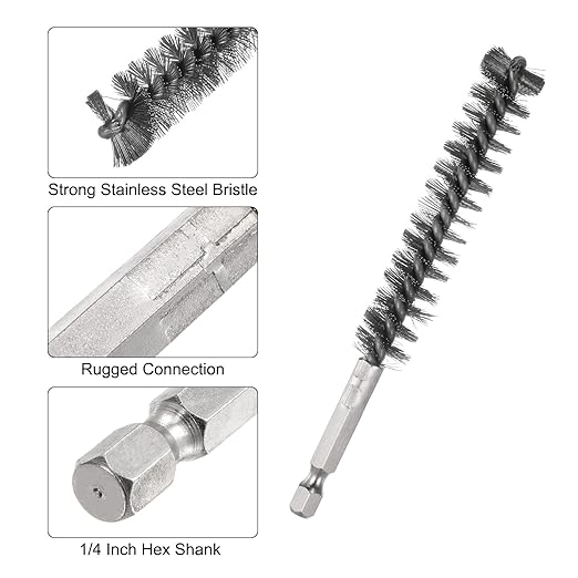 HARFINGTON 5Pcs Bore Brush Stainless Steel 14mm Dia Cleaning Twisted Wire Brush Tube Pipe Cleaner with Handle 1/4 Inch Hex Shank for Tubes, Ports, Bearings