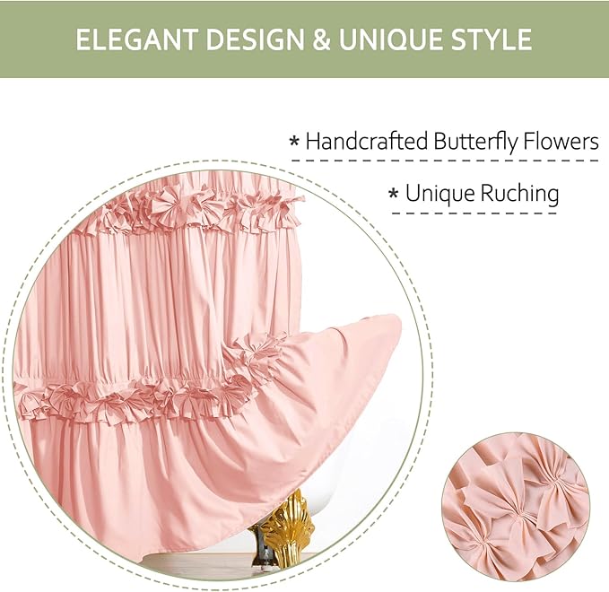 Victorian Peach Ruffle Shower Curtain 60"W x 72"L, Ruched Microfiber Vintage Handcrafted Bow Tie, Stall Size Bath Curtain with 10 Buttonholes, Machine Washable and Dry Quickly (LQ-10)