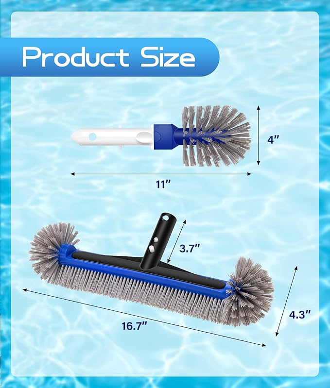 16.7'' Swimming Pool Brush Head with Round Ends, EZ Clip Aluminum Handle, Heavy Duty Pool Brushes for Clean Swimming Pools Faster, Extra Corner Brush Head for Clean Pool Steps & Corners