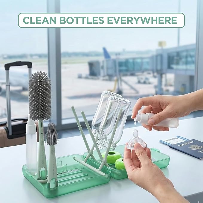 Bottle Brush Set Cleaner Silicone Brushes - Premium Food-Grade Silicone - Travel Friendly Portable Baby Bottle Cleaner Kit (Green, Classic Style)