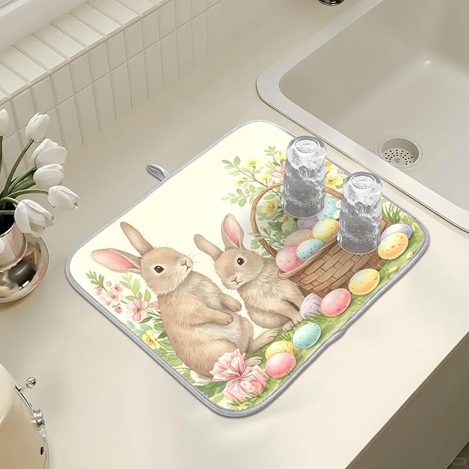 Cute Easter Bunny Rabbit Eggs Dish Drying Mat for Kitchen Counter Absorbent Microfiber Large Drying Pad Dish mats for Kitchen Countertops 18 x 24 Inch