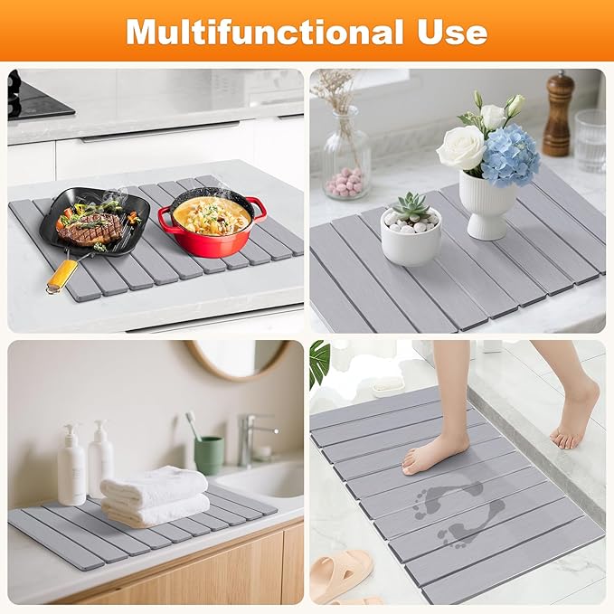 Stone Dish Drying Mat for Kitchen Counter, Collapsible Dish Drying Mat 24"(L)×16"(W) Absorbent Diatomaceous Earth Drying Mats, Quick Dry Stone Mat for Cups Dishes Kitchen Bathroom Any Countertop Gray