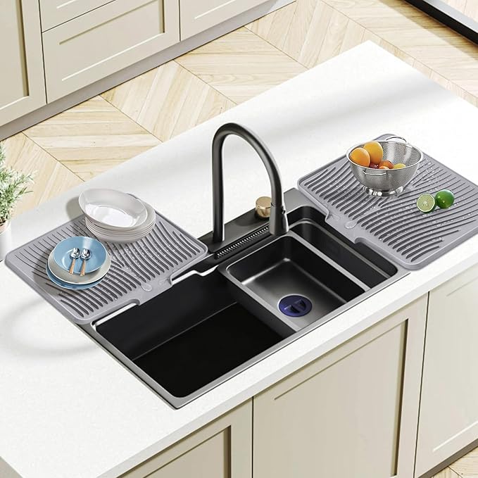 Dish Drying Mat, Stone Drying Mat for Kitchen Counter with Built-in Drain, Non-Slip Drying Matt Kitchen Counter, Heat Resistant Silicone Drying Mat, Dish Drying Pad, 2 Pcs(Grey 20" x 15")