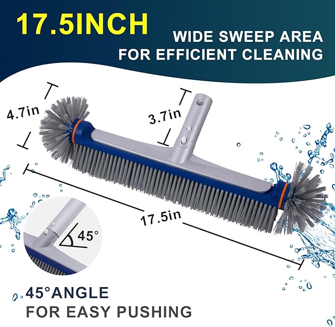 POOLAZA 360 Degree Pool Brush - Heavy Duty 17.5" Pool Brush Head for inground Pools/Above Ground Pools, Spa, Hot Tub, Premium Bristle & Aluminum Handle for Standard Pool Pole