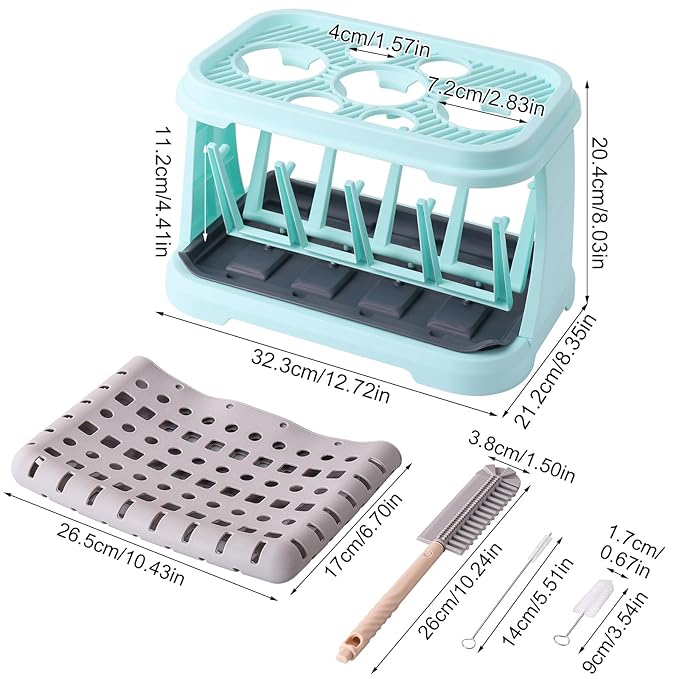 Baby Bottle Drying Rack with Brush & Dishwasher Basket - Space Saving Standing Drying Rack for Baby Bottles, Pump Parts & Accessories, Compact Organizer Holds Up to 8 Bottles (Blue)