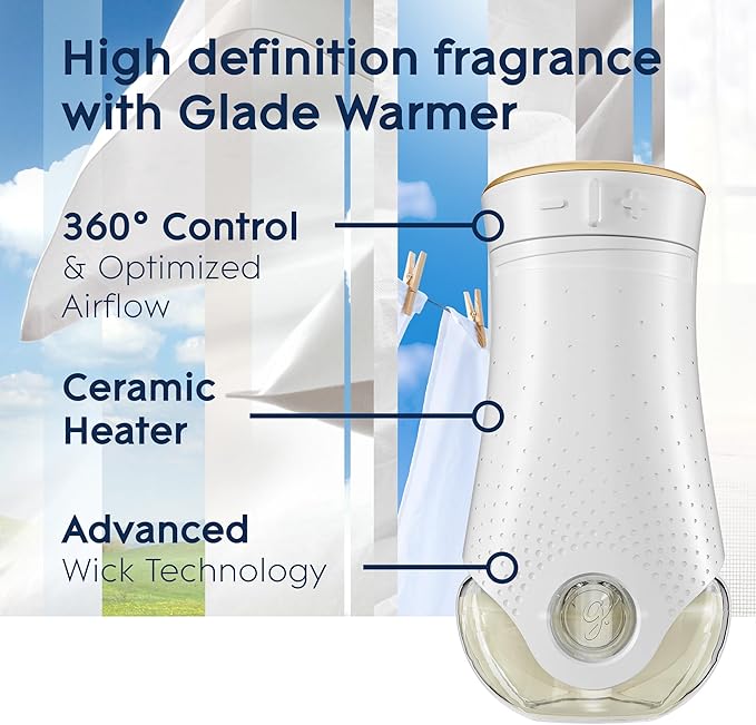 Glade PlugIns Refills Air Freshener Starter Kit, Clean Linen, Scented and Essential Oils for Home and Bathroom, 0.67 Fl Oz, 1 Warmer + 1 Refill