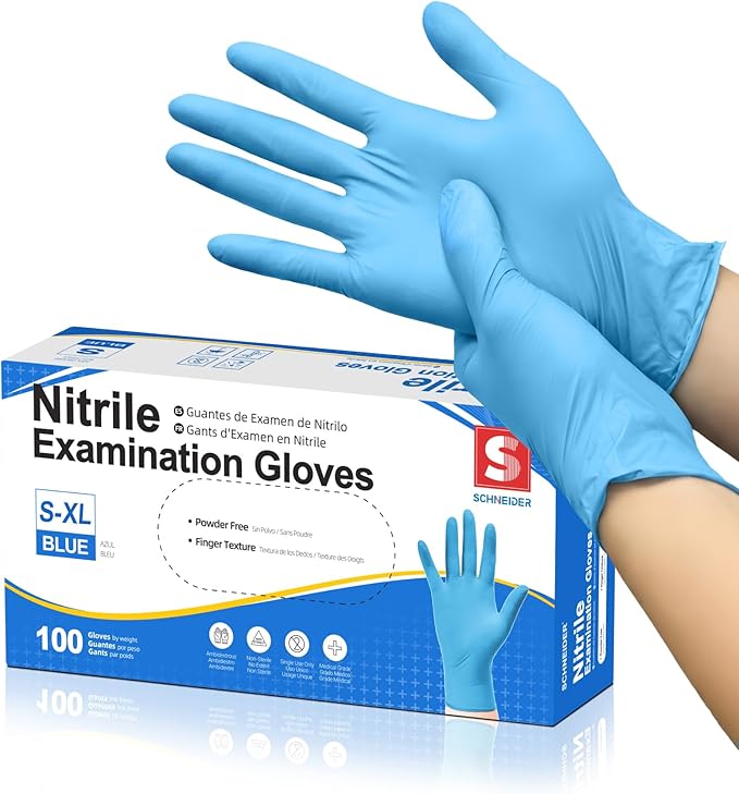 Schneider Nitrile Exam Gloves, Blue Disposable Gloves Latex Free Powder Free for Medical, Cooking, Cleaning, and Food Prep