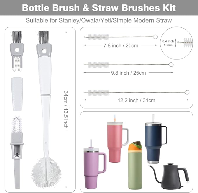 Straw Cleaner Brush Bottle Brush Kit for Stanley Cup Tumbler - Multifunctional Water Bottle Cleaner and 3-Size Straw Cleaning Brushes for Owala Freesip/Simple Modern/Yeti Tumbler, Cup Lid Gap Cleaners