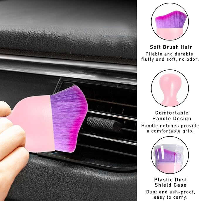 Car Interior Dust Brush, Soft Scratch Free Auto Detailing Brushes, Universal Vehicle Interior Cleaning Tool for Automotive Dashboard, Air Vents, Leather(Pink & Purple)