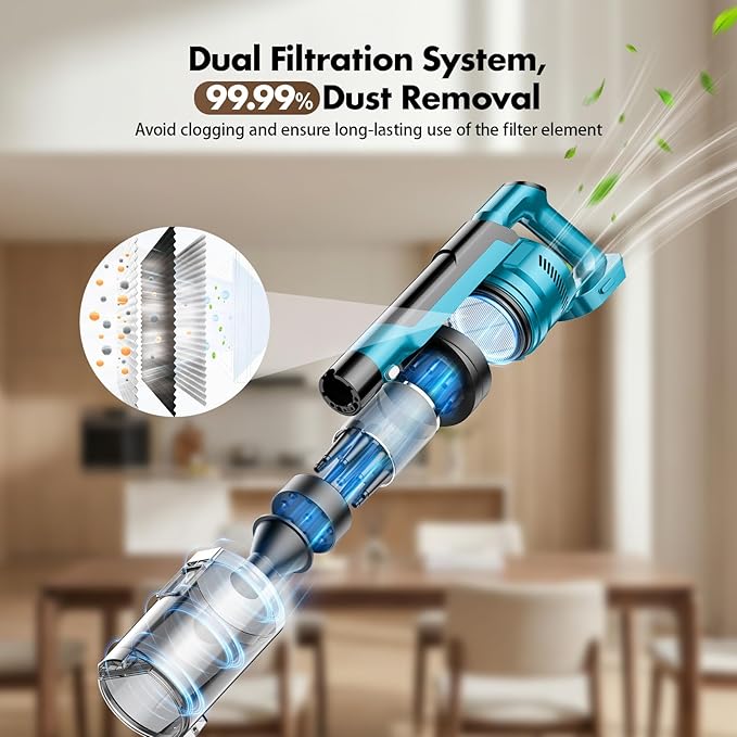 Cordless Vacuum Cleaners for Home with 2*Battery 8000mAh, Brushless Rechargeable Stick Vacuum with 3 Mode, 6 In 1 Portable Handheld Cordless Vacuum for Pet Hair /Hardwood Floor/Dorm/Carpet (Blue)