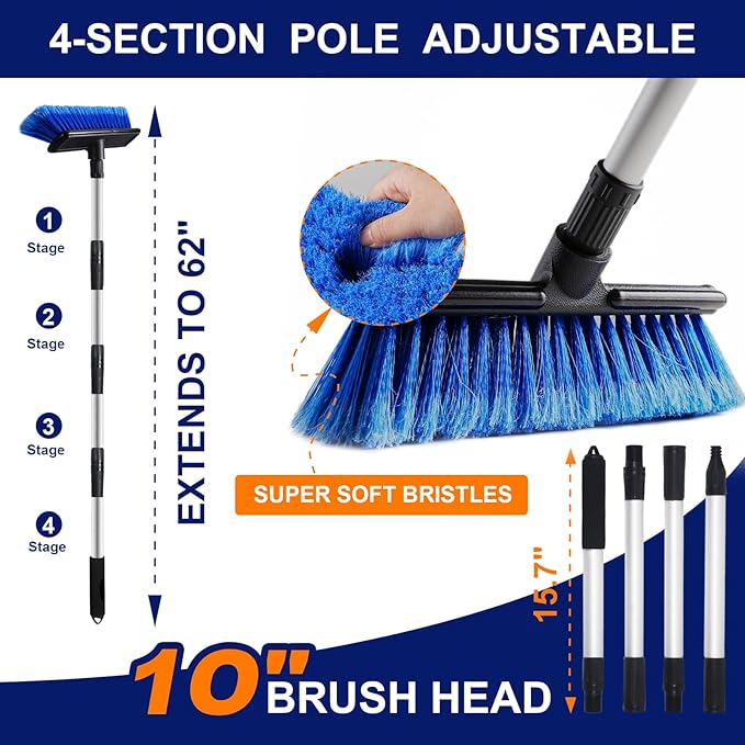 62" Car Wash Brush Mop with Long Handle, 10" Soft Bristle Scrub Scratch-Free Car Cleaning Brush Supplies Broom Kit for RV Boat Truck SUV, House Siding, Snow, Floors, Extension Aluminum Alloy