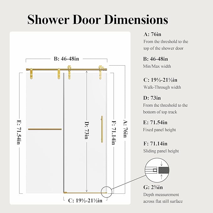 46-48" W x 76" H Frameless Sliding Shower Door, Safety Bathroom Single Sliding Glass Doors with 5/16" (8mm) SGCC Tempered Glass, Stainless Steel Towel Rail and Auxiliary Handle, Brushed Gold