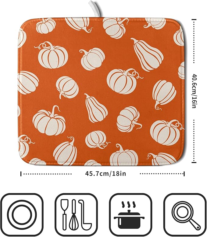 Fall Dish Drying Mat for Kitchen Counter Autumn White Pumpkins Festival Microfiber Absorbent Dish Draining Reusable Washable Foldable 16"x18"