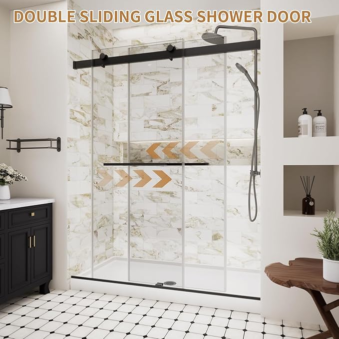 Frameless Shower Door,44-48" W x 74" H Double Sliding Shower Door with Soft Close System,5/16" (8mm) SGCC Tempered Clear Glass,Explosion-Proof Film Nano Coating,Matte Black