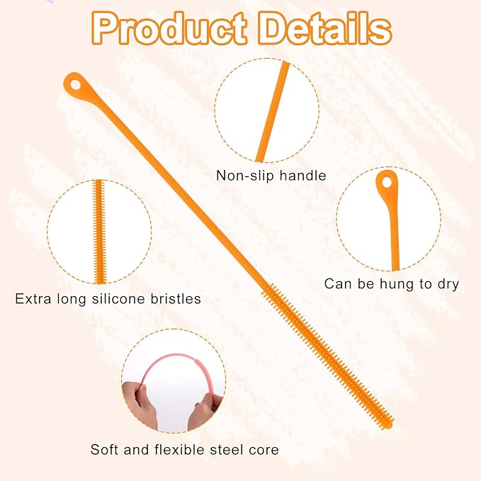 2pcs Silicone Straw Cleaner Brush, 9.44in Extra Long Reusable Straw Brush for Stanley, Metal, Glass Straws, Bendable Travel Drinking Bottle Lid Cleaning Tool for Crevice Pipe Tube (Pink,Orange)
