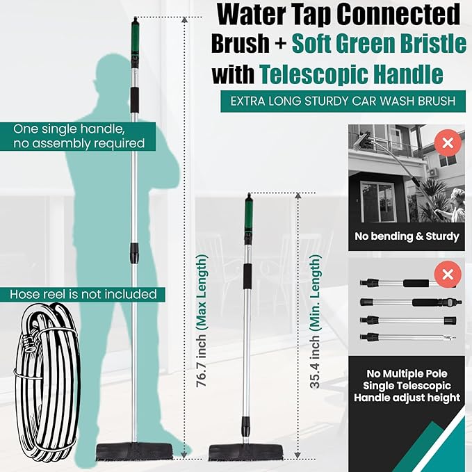 76.7" Sturdy Handle Water Push Floor Broom Green Bristles Cleaning Path 12.2" for Soft Cleaning Car Wash Boat and Solar Panel Black for Hard Floor Clean Telescopic pole from 35.4" to 76.7" tap Connect
