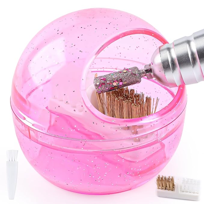 Nail Drill Bits Cleaner Brush Case Accessories, Nail Art Cleaner Tool Case with Steel & Nylon Wire Brush for Cleaning Tungsten Carbide Ceramic Nail Drill Bits Cuticle, Pink