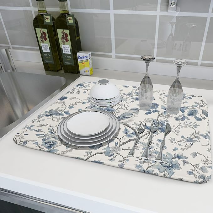 Chinoiserie Trees Dish Drying Mat for Kitchen Counter,Bule Bird Flowers Drying Mat 18 x 24 Inch with Absorbent Reversible Microfiber Drying Pad for Coffee Bar