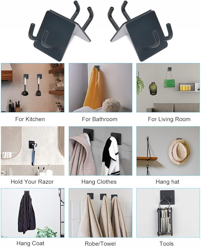 Shower Hooks, Adhesive Wall Hooks for Hanging Keys, Hats, Sticky Bathroom Hooks, Black Towel Hooks, 4 Pack