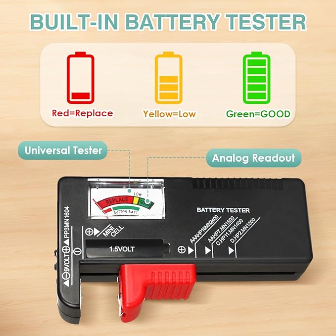 Upgraded Large Capacity Battery Storage Organizer with Tester, Battery Organizer Holds 185+Batteries with Double-Sided & Portable Handle, Fireproof & Splash-Proof Battery Holder for Most Sizes, Black