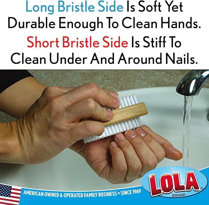 LOLA Classic Hand & Nail Wood Brush, 3 Pack, Heavy Duty 2 Sided Soft & Stiff Bristles, Cleans Hands, Fingernails, Feet & Toenails