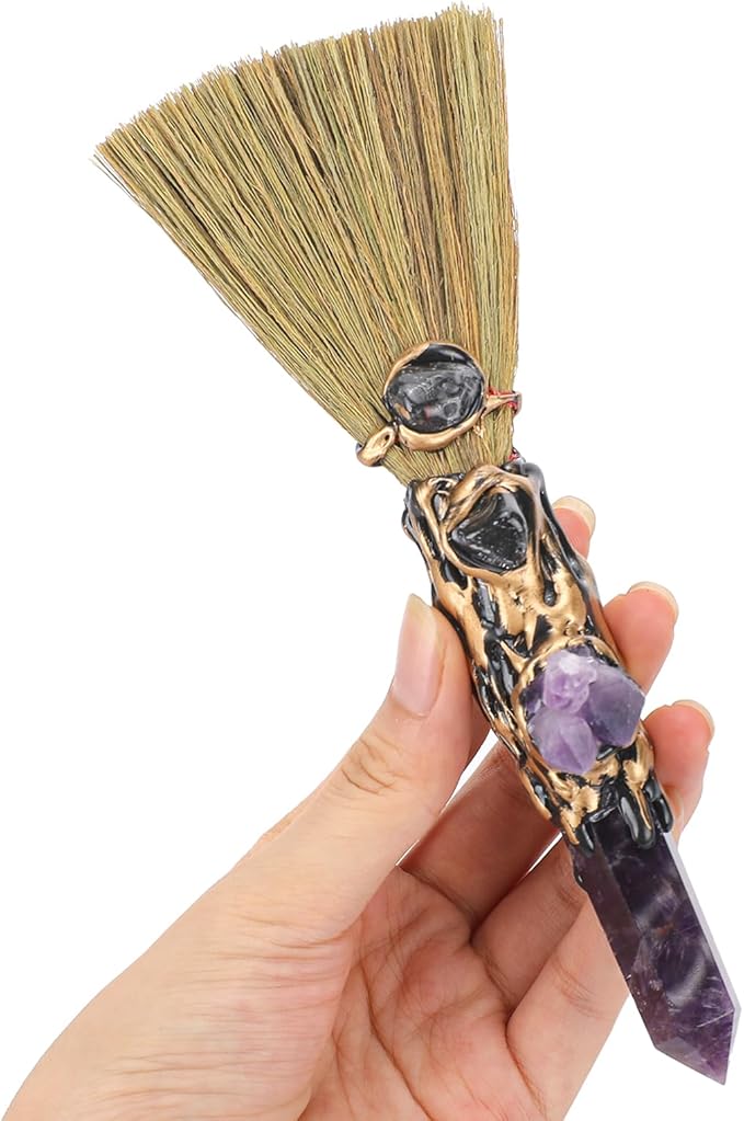 Crystal Witch Altar Broom - Handmade Magic Witch Broomstick with Amethyst Natural Healing Crystals Stones Hexagonal Points Reiki Energy Balancing Chakra Meditation Therapy Gift 8 Inches