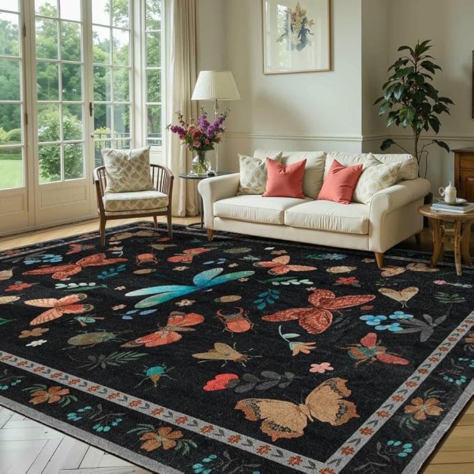 8x10 Washable Area Rugs for Living Room&Bedroom - Floral Boho Vintage Rug,Soft & Non-Slip,Low Pile Wool Carpet for Indoor Dining Room,Girls Room,Nursery Room and Kids Room(Black)