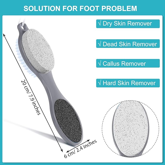 2 Pieces 4 in 1 Pedicure Tool Foot Scrubber Brush Foot File Callus Remover with Foot Rasp, Pumice Stone, Nail Cleaning Brush and Sand Paper for Dry and Wet Foot Care Dead Skin Remover (Gray)