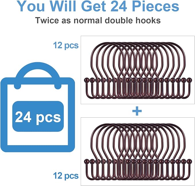 24 Pack Double Shower Curtain Hooks Rings, TENOVEL Double Sided Shower Curtain Hooks Rust Proof for Shower Curtain, Stainless Steel Bathroom Shower Hangers Rings for Shower Rods, Bronze