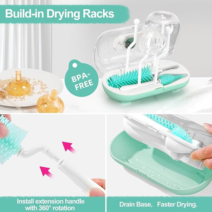 Bottle Brush Set,Travel Bottle Cleaner Kit with Baby Bottle Brush,UV Light,Straw Brush,Nipple Brush,Bottle Drying Rack for Home and Travel(Green)
