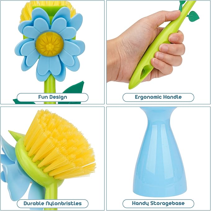 Long Handle Vegetable and Fruit Brush, Florganic Dish Brush with Vase, Long Handle Dish Brush Kitchen, for Cleaning Pot Pan Sink Kitchen Supplies Decorative Vase (2 Pcs Blue, Pink)