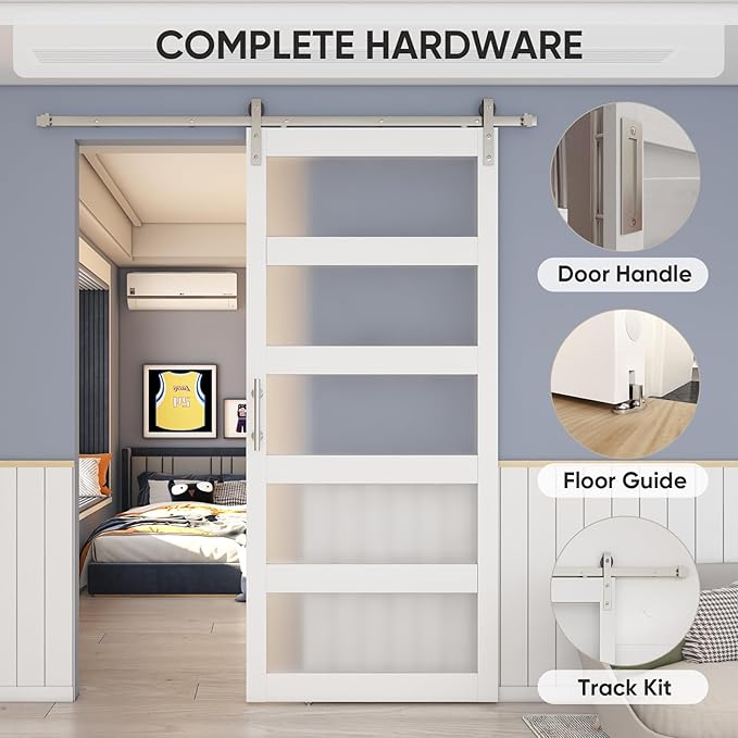 BARNSMITH 48in x 96in Glass Barn Door and 8FT Nickle Sliding Door Hardware Included, 5-Panel Frosted Glass Sliding Barn Door, Solid Wood Covered with Water-Proof PVC Surface, Easy Assembly, White