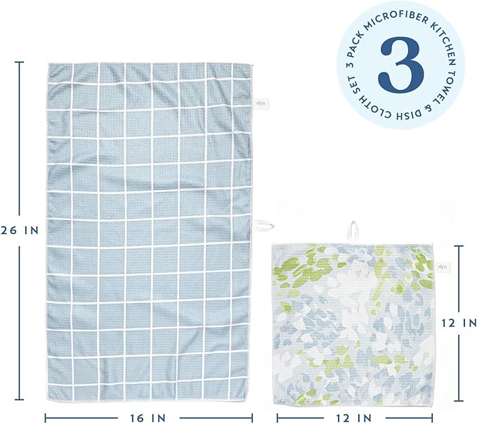 ELYN Microfiber Kitchen Dish Towel & Dish Cloth Set, Quick-Dry & Absorbent Waffle Weave Cleaning Cloths, Set of One Kitchen Towel & Two Washcloths, Paper Towels Alternative (Painterly Floral & Grid)