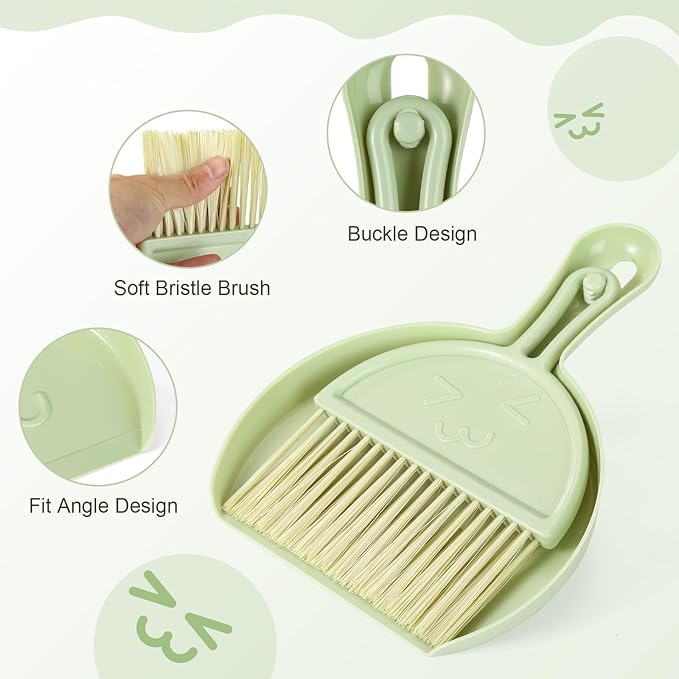 Small Broom and Dustpan Set, 2PCS Mini Dust Pan and Brush Set, Broom Dustpan Brush, Handheld Dust Pan with Cleaning Brush Combo for Home, Table, Countertop, Sofa, Key Board, Grey Green