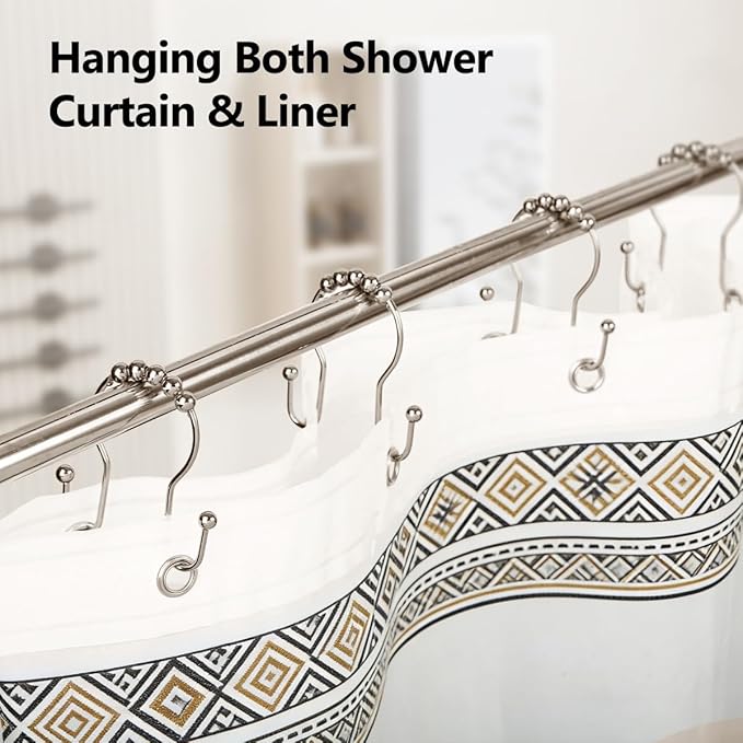 Double Shower Curtain Hooks, Sturdy Metal Nickel Shower Curtain Rings, Glide Roller Shower Hooks,Rust Proof Anti-Drop Curtain Hooks, 12 Pcs Smooth Sliding Rings for Bathroom Shower Rods Curtains