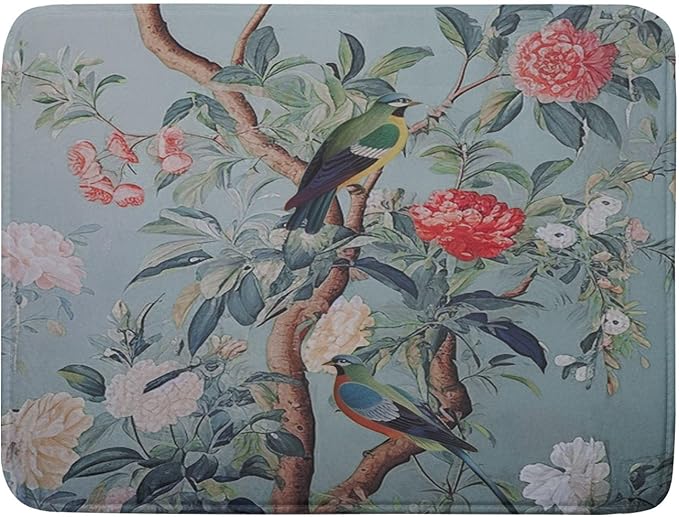 Khope Chinoiserie Dish Drying Mat for Kitchen Counter 18x24 Inch Blue Gray Vintage Bird Floral Reusable Washable Farmhouse Flower Drying Pad Countertop Home Decor