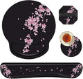 Wrist Rests for Keyboard and Mouse Support Gel Pad + Screen Cleaning Pad + Coaster, Cloth Wipes for Laptop/Computer Screen, Ergonomic Memory Foam Mousepad for Gaming/Work, Cherry Blossoms
